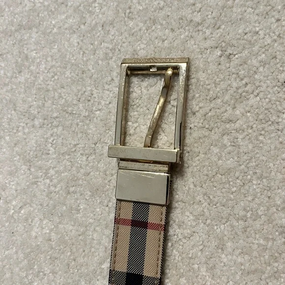 Burberry Beige Check & Brown Leather Men's Belt with Gold Buckle - Picture 5 of 6